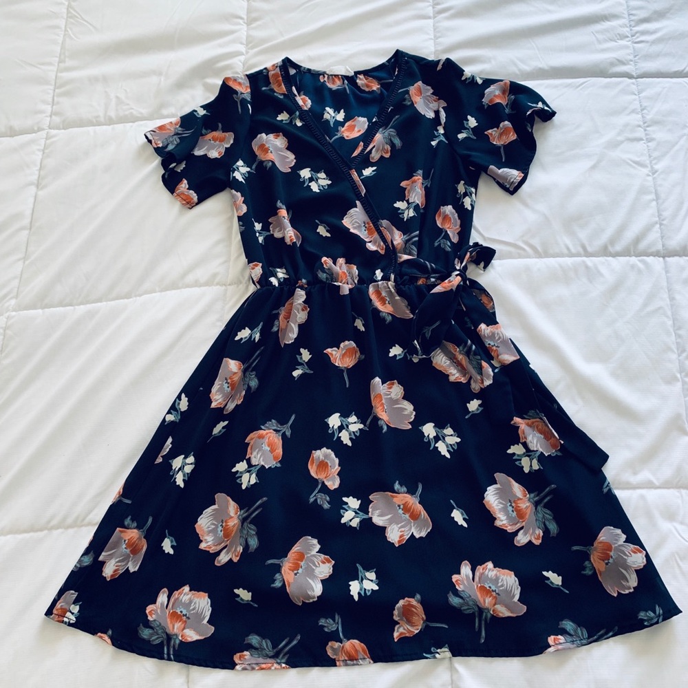 Wrap dress, Navy with coral flowers